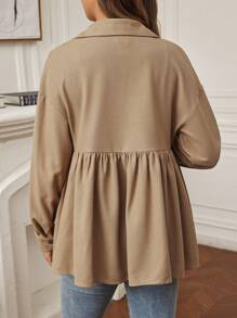 SHEIN Maternity Solid Color Casual Button-Up Long Sleeve Shirt - Khaki - View 3