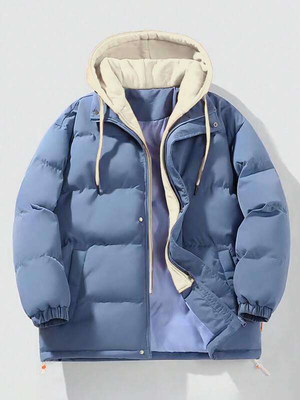 Cappotto imbottito con cappuccio con coulisse e blocchi di colore per uomo