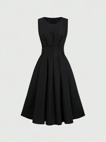 Chiquease 黑色無袖A字裙，中長筒長度，腰部收緊，非常適合畢業禮或夏季 - 黑色 - 查看 1