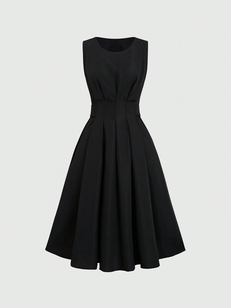 Chiquease 黑色無袖A字裙，中長筒長度，腰部收緊，非常適合畢業禮或夏季 - 黑色 - 查看 1