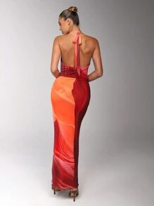 SHEIN BAE Váy Maxi hở lưng nhuộm loang cổ sâu cho nữ, mùa hè - Màu Đỏ Sâu - Xem 2