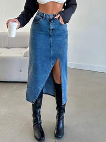 RueChic Women's Mid-Rise Asymmetrical Front Slit Washed Denim Skirt - Medium Wash - View 5