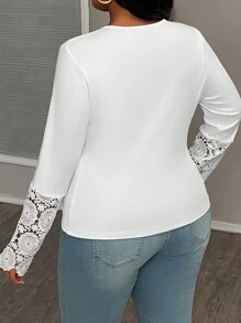 Slaydiva Women's Plus Size White T-Shirt,Everyday Smart Casual Slim Fit Silky Rib Knit Crew Neck Long Sleeve Lace Patchwork Elegant Top For Autumn,Spring - White - View 2