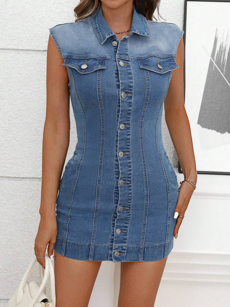SHEIN Essnce Vestido vaquero informal minimalista con cuello, botones frontales y bolsillos