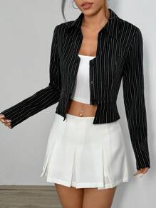 SHEIN Unity 女士长袖条纹纽扣修身优雅衬衫 - 黑色 - 查看 4