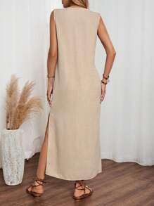 SHEIN LUNE 亚麻面料 V 领前纽扣无袖连衣裙，带口袋，女式长款服装 - 卡其色 - 查看 2