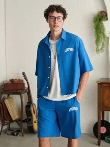 Manfinity NXTstreet Men's Simple Printed Short Sleeve Shirt And Shorts Set,Boxy Fit - Blue - View 2