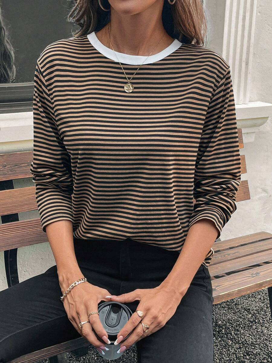 SHEIN LUNE Áo thun nữ sọc dài tay cơ bản đơn giản có cổ tương phản - Nhiều màu - Xem 1