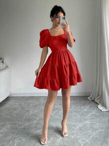 RosyDaze Vestido nuevo 2025 de verano con cuello halter, mangas abullonadas, espalda descubierta, lazo y dobladillo con volantes en color rojo, para uso en conciertos, playa, vacaciones y ocio