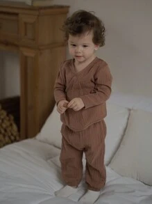 SHEIN 2pcs Baby Unisex Solid Color Cotton Soft Casual Outfit - Button Down Cardigan Long Sleeve Top With Drawstring Pocket Pants - Brown - View 7