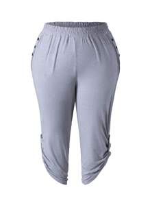 SHEIN LUNE Plus Size Women's Solid Color Casual Button Decorated Pants - Light Grey - View 1