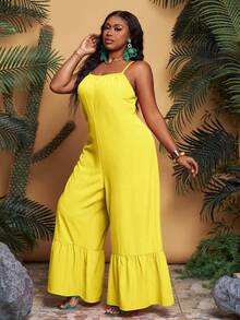 Slaydiva Bộ đồ liền thân xòe nhún bèo màu trơn cỡ lớn - D - Màu vàng - Xem 4