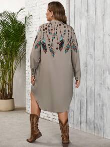 SHEIN LUNE Plus Size Women Feather Pattern Long Sleeve Shirt Dress Holiday Outfit Holiday Party Dress Plus Dress