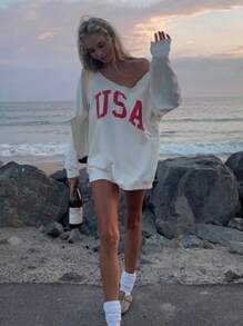 INAWLY Women's Asymmetrical Neckline Cold Shoulder Letter Print Loose Streetwear Sweatshirt Pullover Fall Sweatshirt - White - View 4