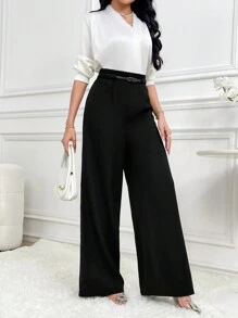 Modelyn Women's Solid High Waist Wide Leg Loose Casual Office Trousers In Fall/Winter - Black - View 5