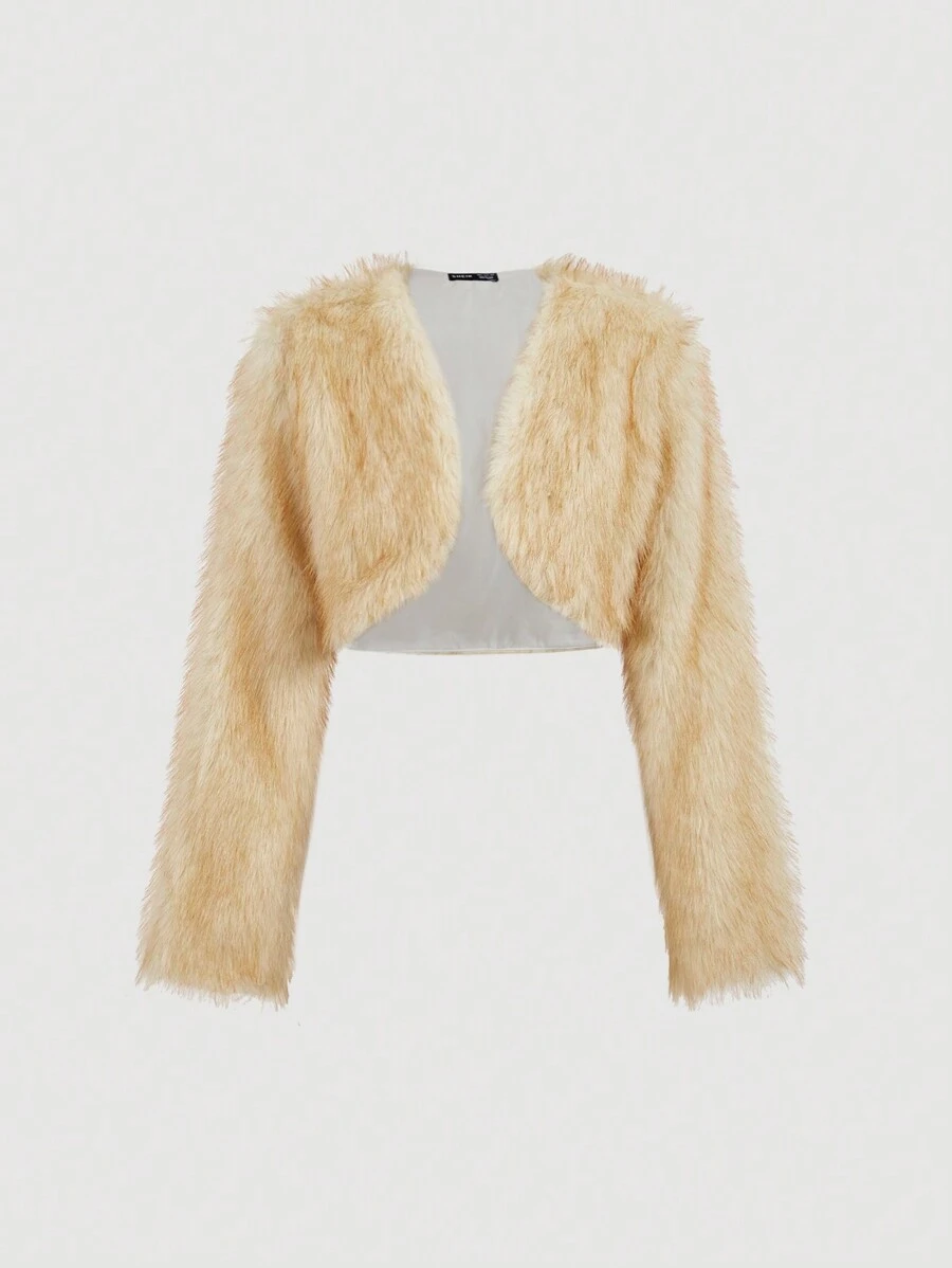 SHEIN MOD Women Khaki Crop Faux Fur Jacket, Fur Coat,Winter Women Coat, Women Outfit