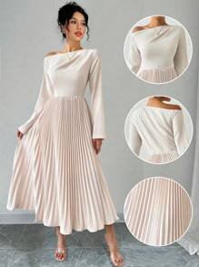 Chiquease 不对称肩长袖拼布 A 字褶皱连衣裙 - 杏色 - 查看 1