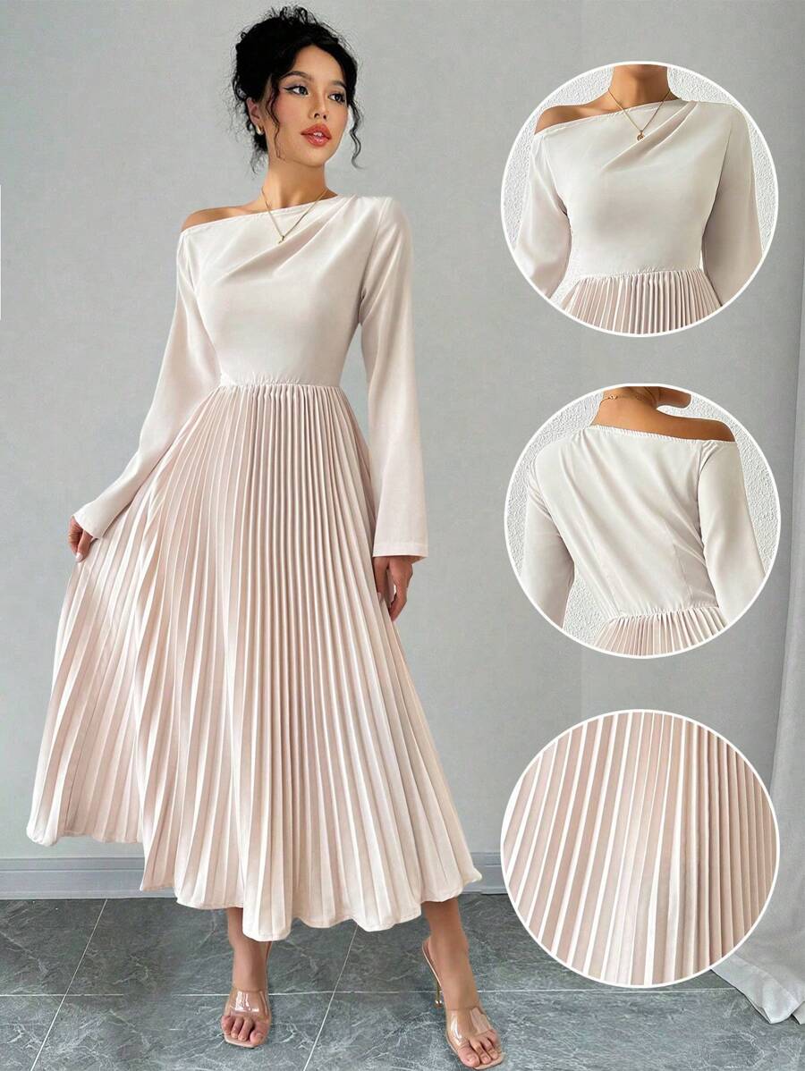 Chiquease 不对称肩长袖拼布 A 字褶皱连衣裙 - 杏色 - 查看 1