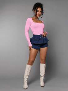 Silquee 女士纯色方领长袖休闲 T 恤紧身衣，春夏