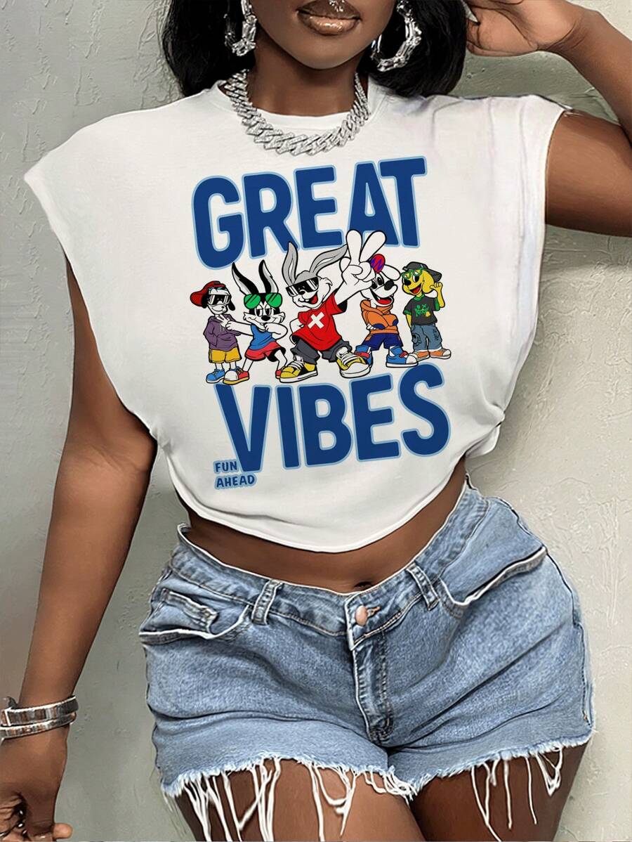 Slaydiva 休闲简约大方兔子和小狗卡通印花圆领短袖宽松短款女式T恤，略显透明，适合夏季 - 白色 - 查看 1