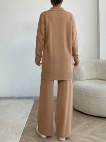 EURMUSE Women Pocket Detailed Front Button Collar Neck Drop Shoulder Cardigan & Sweater Pants Set - Camel - View 3