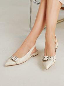 MOTF PREMIUM Zapatos planos cómodos para mujer con detalle de hebilla y punta afilada, para Halloween y Navidad - Beis - Ver 2