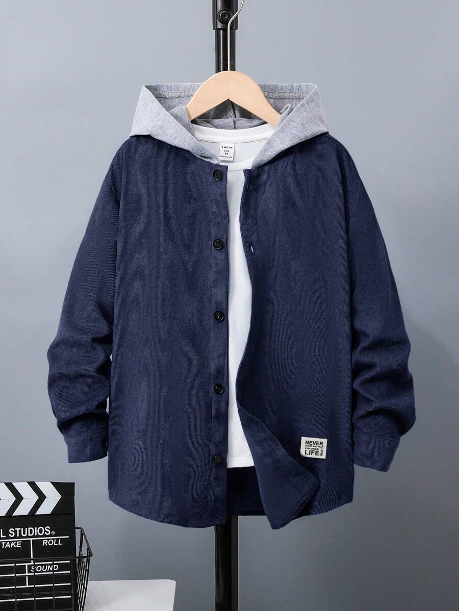SHEIN Tween Boy Casual & Comfortable Color Block Woven Jacket,In Fall/Winter - Navy Blue - View 1