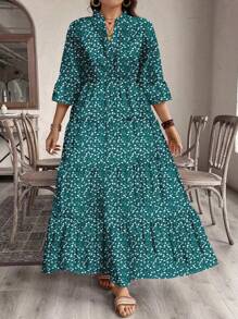 EMERY ROSE 大码休闲优雅小花朵全印花中长连衣裙，收腰设计，适合秋冬季 - 綠色 - 查看 3