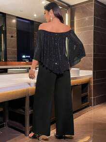 Plus Size One-Piece Jumpsuit With Off Shoulder, Chic And Elegant For Early Autumn - Black - View 2