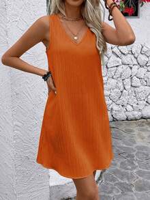 Breezaya 女士纯色简约无袖休闲连衣裙 - 橘色 - 查看 6