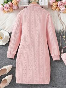SHEIN Tween 女童针织提花荷叶边领高领连衣裙 - 粉色 - 查看 2