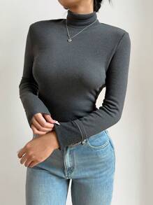 SHEIN BASICS Basic Turtleneck Slim Long Sleeve Solid Color Women's Top For Fall And Winter, Upgraded Thermal Lined Warm Fabric, Stylish, Casual, Comfortable, Versatile Without Looking Bulky