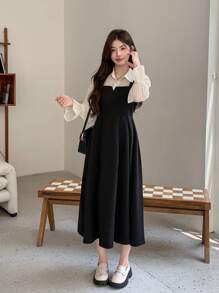 DAZY Vestido corto elegante de manga larga con solapa a color, vestido de camisa con volantes