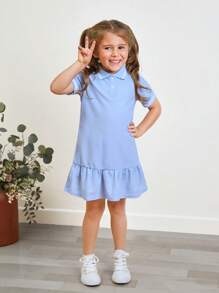 SHEIN Vestido de mezcla de colores con cuello alto cómodo y casual para niña joven con costilla de unicolor - Celeste - Ver 4