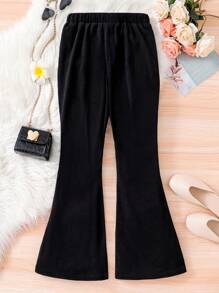 SHEIN Tween Girl Solid Color Elastic Waist Flare Leg Pants - Black - View 2