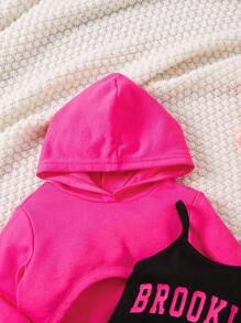 SHEIN 2pcs/Set Baby Girl Casual Outfits, Includes Rose Hoodie Sweatshirt And Ribbed Knit Jumpsuit, Suitable For Outdoor, Party And Daily Wear - Hot Pink - View 6