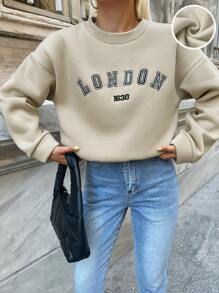 EURMUSE Letter Graphic Drop Shoulder Sweatshirt - Beige - View 1