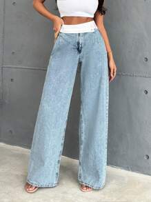 SHEIN Cottnline 100% Cotton ASYMETRIC BUTTON  HIGH WAIST WIDE LEG WOVEN BELT DETAILED - Blue - View 1