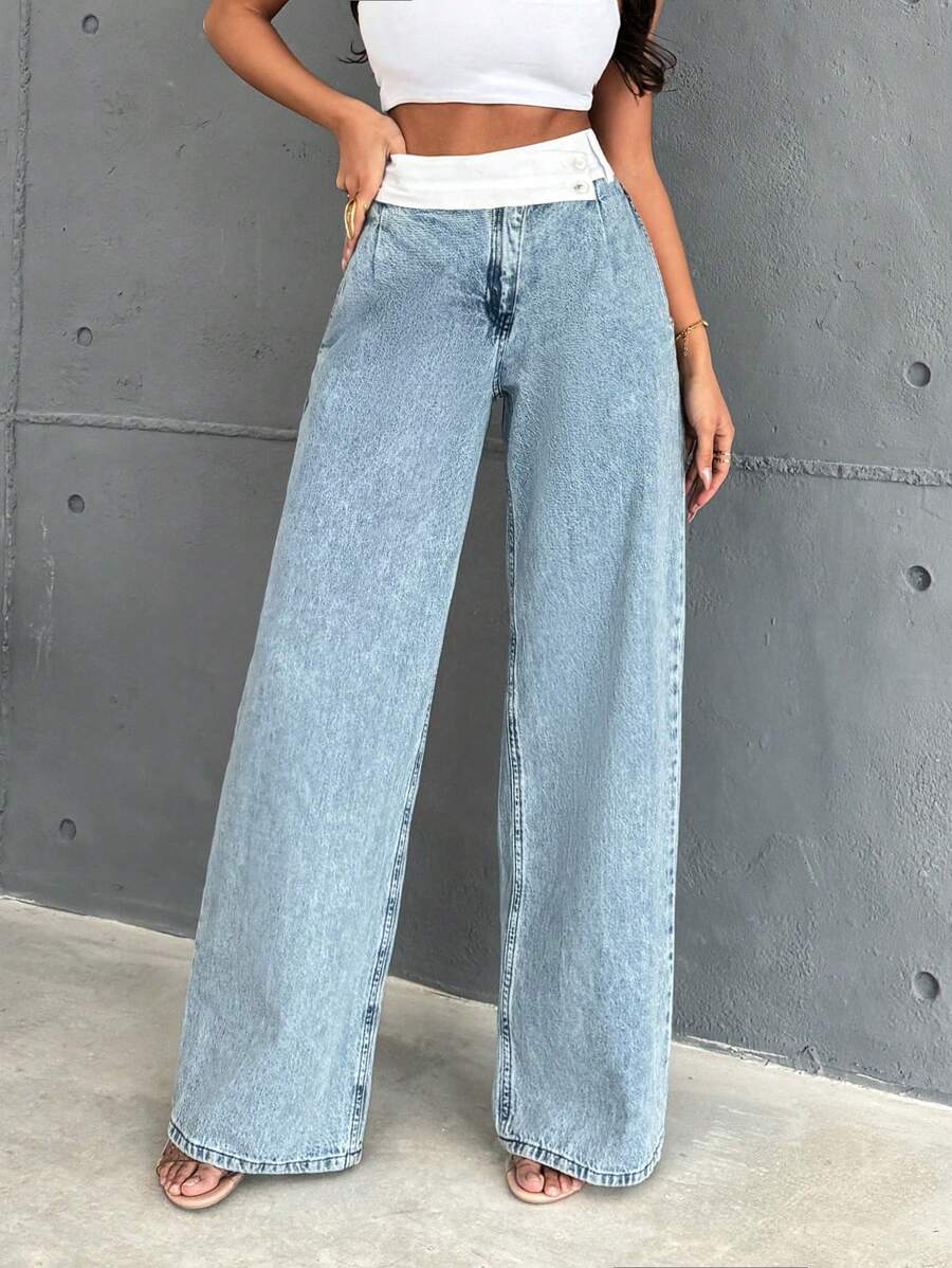 SHEIN Cottnline 100% Cotton ASYMETRIC BUTTON HIGH WAIST WIDE LEG WOVEN BELT DETAILED - Blue - View 1