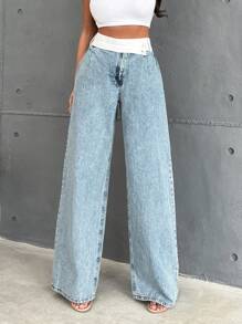SHEIN Cottnline 100% Cotton ASYMETRIC BUTTON  HIGH WAIST WIDE LEG WOVEN BELT DETAILED - Blue - View 6