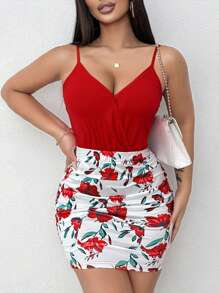 SHEIN LUNE 2 件套性感女士红色花卉印花交叉吊带上衣和荷叶边裙子