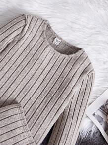 SHEIN Leap Crew 2pcs Tween Girls Back To School Outfit All-Match Ribbed Long Sleeve T-Shirt And Skirt Set, Autumn - Apricot - View 4