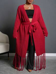 Slaydiva Veste d'hiver pour femmes grande taille, couleur unie, avec nœud papillon et manches à franges, couleur bordeaux - Rouge foncé - Voir 5