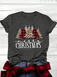 SHEIN LUNE 大码圣诞树印花休闲短袖 T 恤图案 T 恤女式上衣