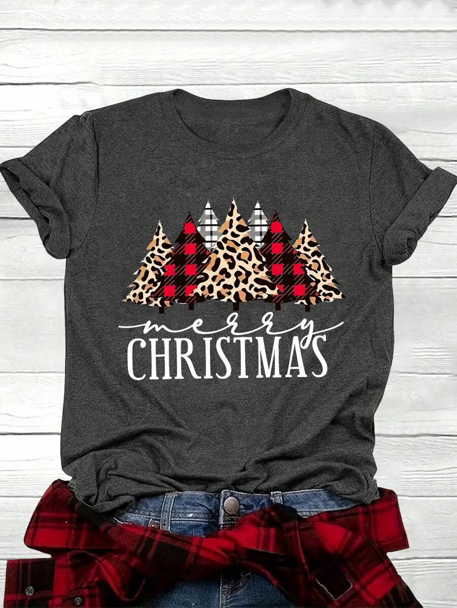 SHEIN LUNE 大码圣诞树印花休闲短袖 T 恤图案 T 恤女式上衣