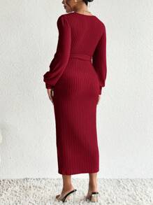 SHEIN 孕妇纯色圆领罗纹长袖中长连衣裙（腰带） - 酒紅色 - 查看 2