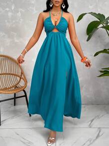 Zolique Đầm Maxi hở lưng buộc chéo Crisscross cho nữ - Màu xanh ngọc - Xem 6