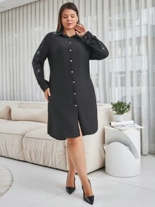 RueChic Women's Plus Stone Detailed Long Sleeve Shirt Dress - Black - View 5