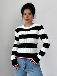 Chiquease Damen Lässig Farbblock Streifen Strickpullover, Frühling/Herbst, Strickpullover Herbst Winter - Schwarz und Weiss - Übersicht 5