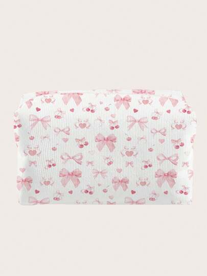 Kawaii Velvet Makeup Pouch With Bow, Cherry & Heart Pattern